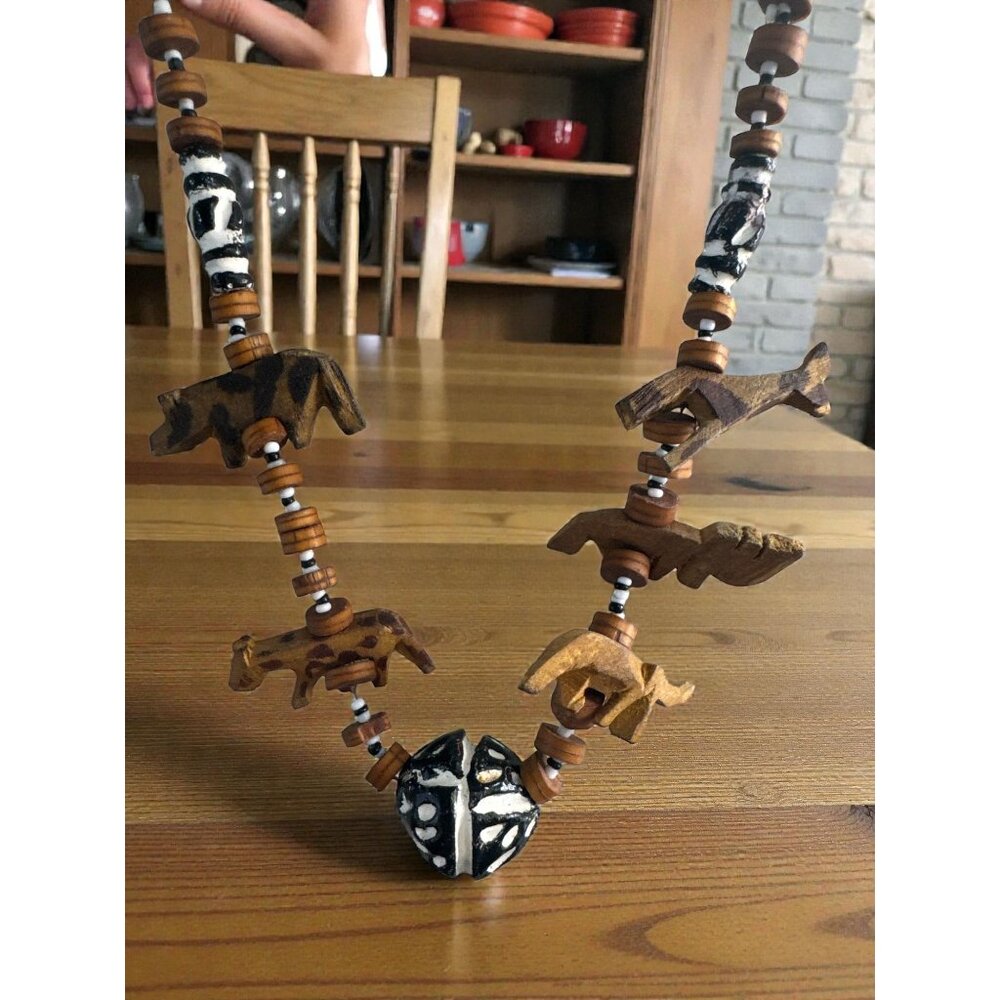 Hand-Carved African Animal Beaded Necklace With Wooden & Ceramic Beads Safari Th